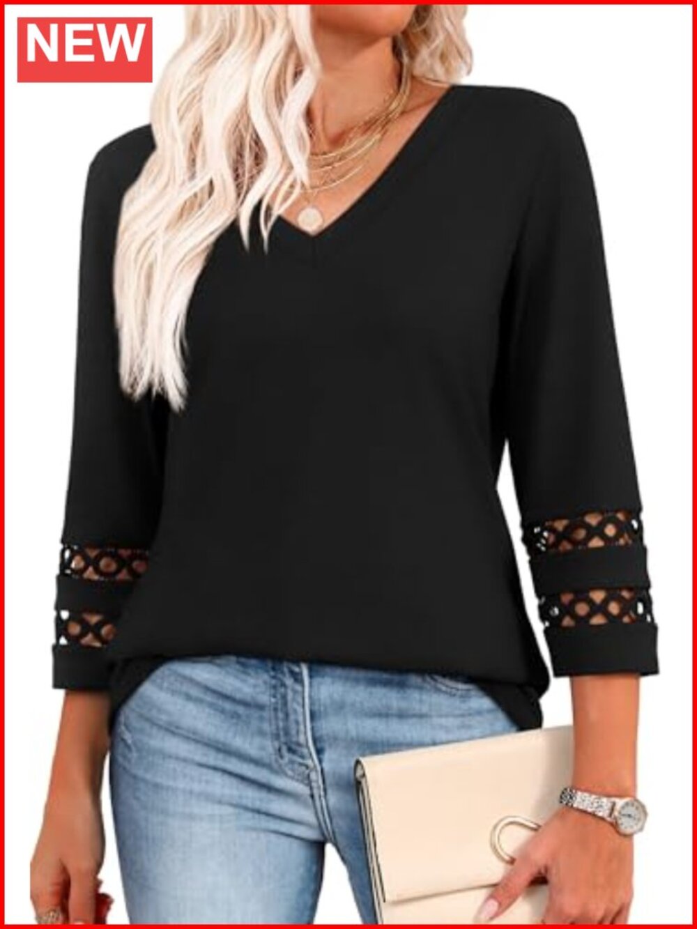 Womens V Neck Blouse 3/4 Sleeve Lace Detail Polyester Blend Top